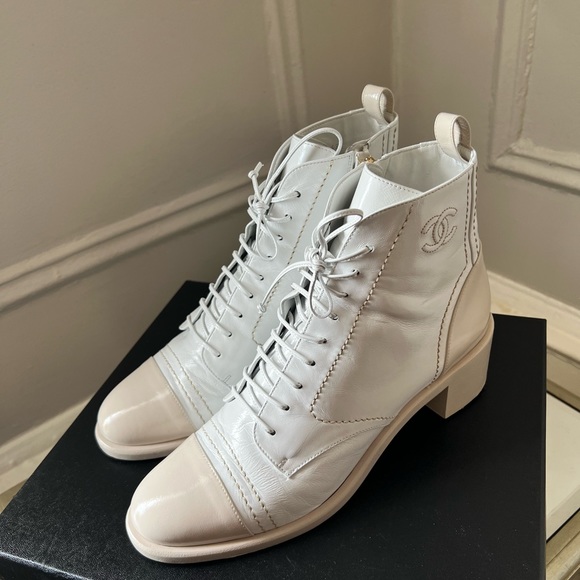 Chanel Shiny Lambskin Lace Up Short Boots - Picture 1 of 8